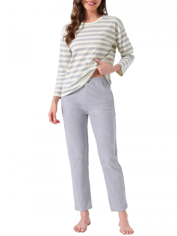 cheibear Womens ラウンジ Set Cotton Striped Dot Strawberry Print Long Sleeve Round Neck Cute Pattern Pants Set Sleepwear Stripe XS