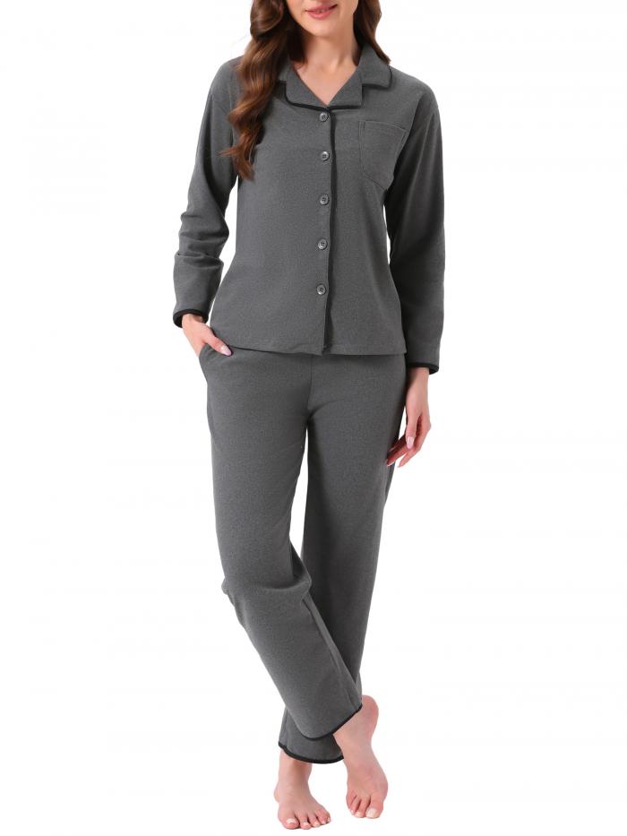 cheibear Womens Pajama Set Fleece Flannel Button Up Long Sleeve Notched Collar Pants Set with Pockets ラウンジwear Sleepwear Black M