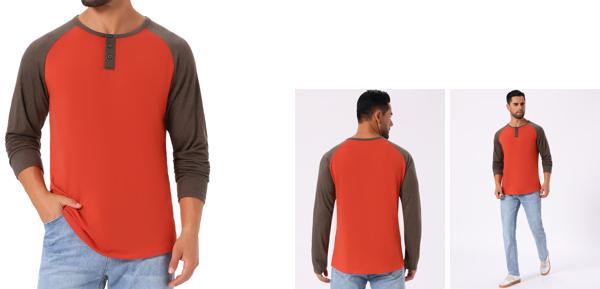 TATT 21 メンズ ラグラン 長袖 Tシャツ カジュアル ベースボール ヘンリー Tシャツ レッド S