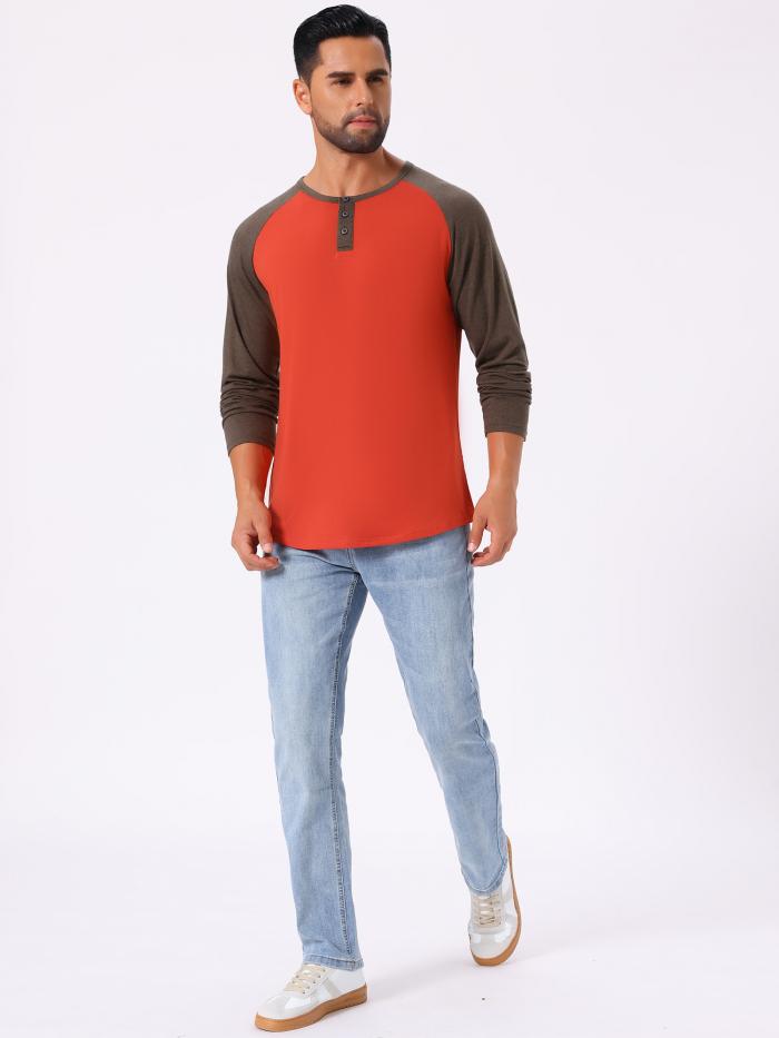 TATT 21 メンズ ラグラン 長袖 Tシャツ カジュアル ベースボール ヘンリー Tシャツ レッド S