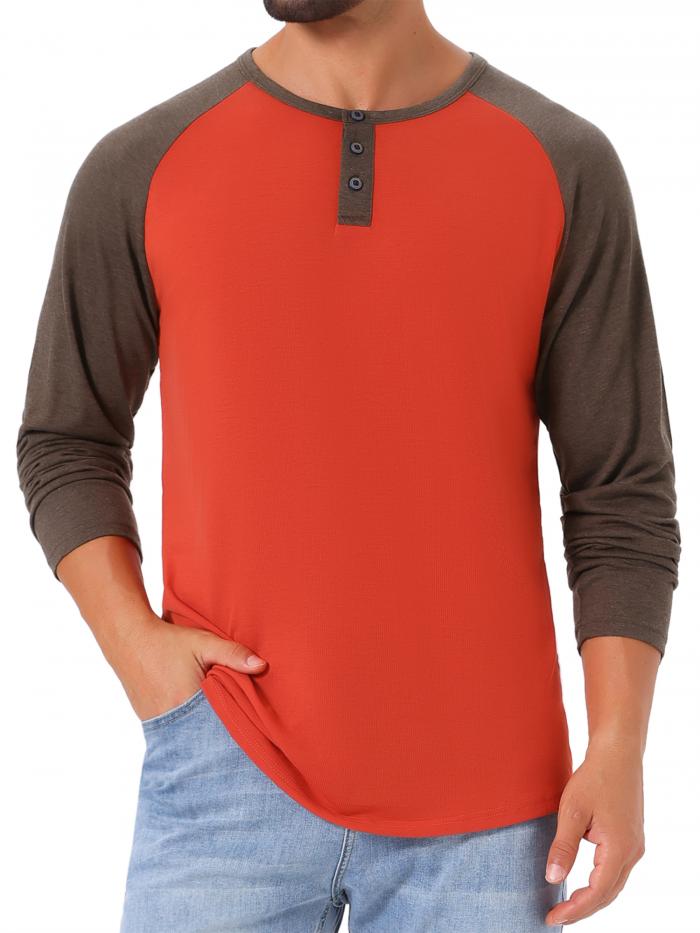 TATT 21 メンズ ラグラン 長袖 Tシャツ カジュアル ベースボール ヘンリー Tシャツ レッド S