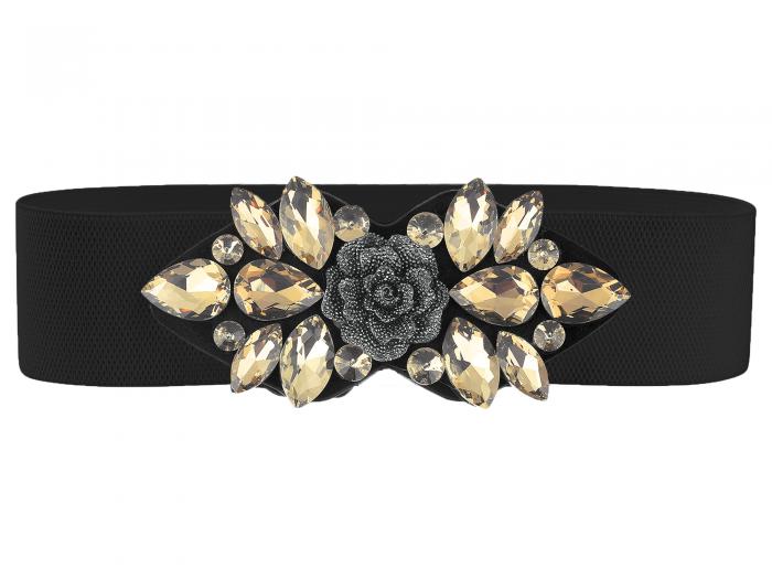 Elerevyo レディース伸縮性ストレッチベルト、ヴィンテージエレガントローズフラワーラインストーンウ..