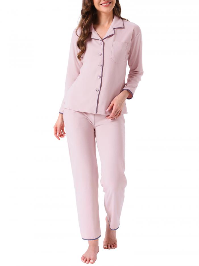 cheibear Womens Pajama Set Fleece Flannel Button Up Long Sleeve Notched Collar Pants Set with Pockets ラウンジwear Sleepwear Pink XS