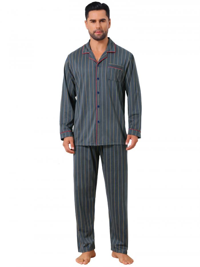 Lars Amadeus メンズ 2ピース 長袖 ボタンダウン ポケット柄 パジャマセット ラウンジウェア ネイビーブルー S