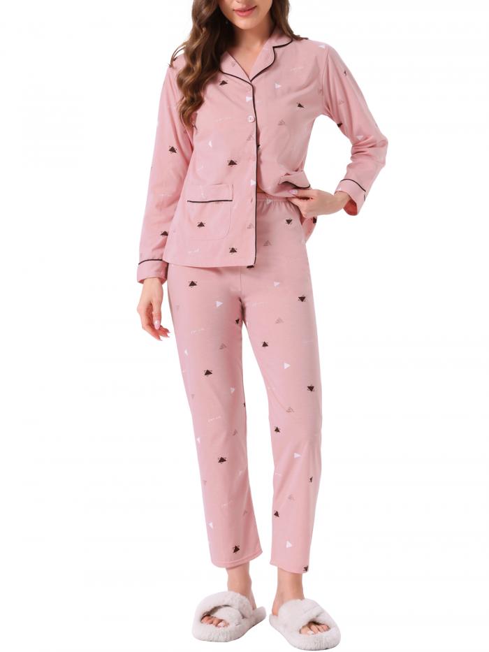 cheibear Womens ラウンジ Set Cotton Button Up Cute Pattern Print Long Sleeve Notched Collar Pants Set with Pockets Pajama Set Triangle M