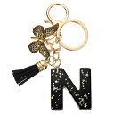 uxcell イニシャルレターキーチェーン レジン製かわいい蝶のタッセルペンダントアクセサリー 女性用アルファベットキーリング 財布 ハンドバッグ バックパック用 黒-N