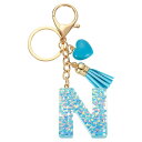 uxcell イニシャルレターキーチェーン レジン製かわいいハートタッセルペンダントアクセサリー アルファベットキーリング 財布 ハンドバッグ バックパック用 ブルー N