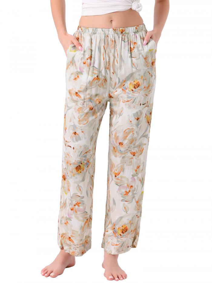 cheibear レディース ラウンジパンツ 花柄 ドット柄 ワイドレッグパンツ 伸縮性ウエスト ポケット付き スリープナイトウェア パジャマ フローラル XL