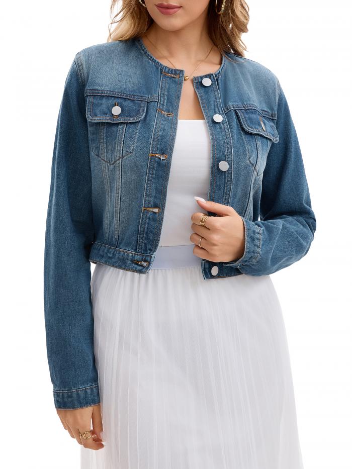 CIMUK レディース デニムジャケット ノーカラー ボタンダウン 長袖 ジーンズジャケット ブルー M(4)