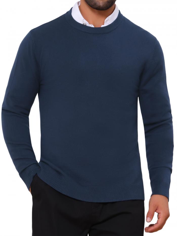 TATT 21 メンズ クラシック 無地 クルーネック 長袖 ソフトニット プルオーバー セーター ネイビーブルー S