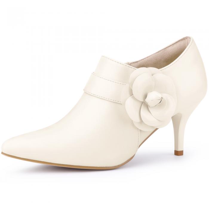 Allegra K レディース フラワー ポインテッドトゥ サイドジップ スティレットヒール アンクルブーツ ホ..