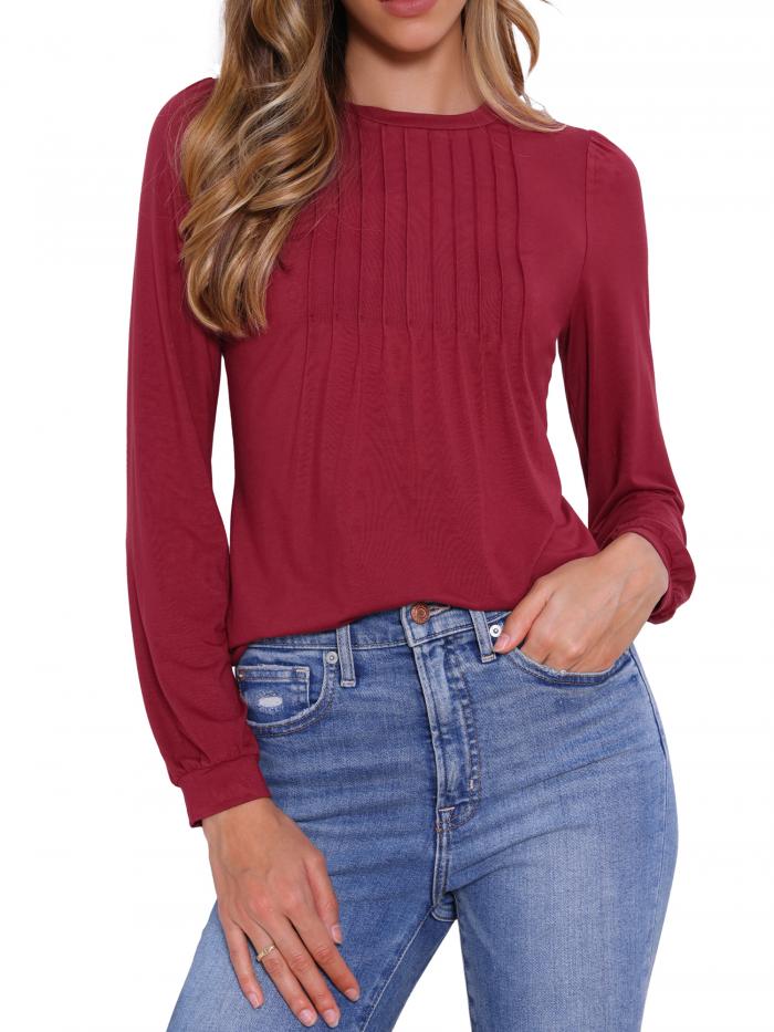 Allegra K レディース 長袖 ドレッシー トップス 秋冬 ビジネス ワーク プリーツ カジュアル ブラウス ブルゴーニュ L