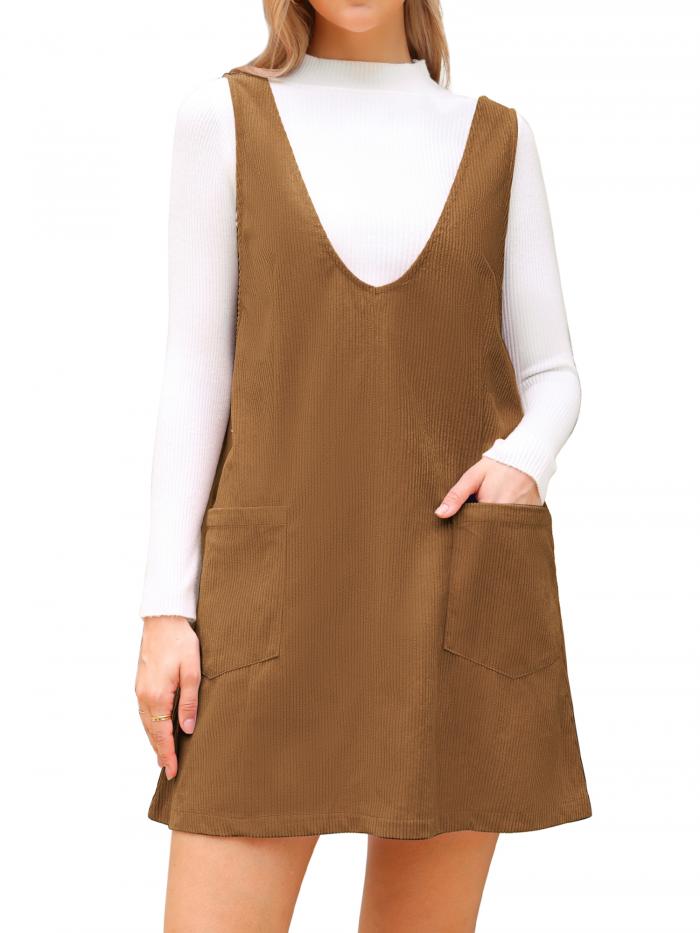 Allegra K レディース 秋冬 コーデュロイ 深め Vネック カジュアル ミニ ピナフォア ドレス サスペンダードレス ブラウン M