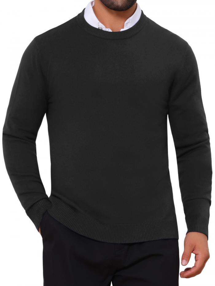 TATT 21 メンズ クラシック 無地 クルーネック 長袖 ソフトニット プルオーバー セーター ブラック L