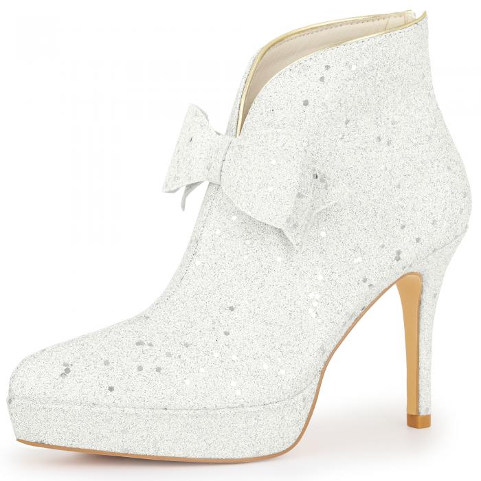 Perphy レディース用グリッターボウスティレットヒール＆プラットフォームアンクルブーツ ホワイト 27.0cm