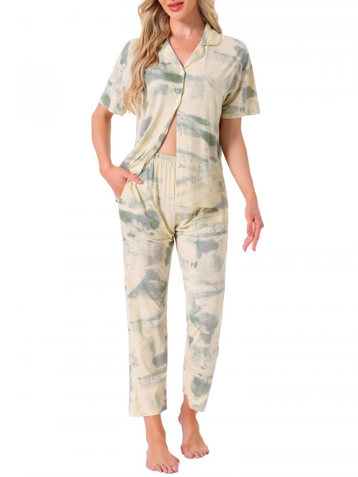 cheibear レディース ロングウェア ボタンアップ テンセル フローラル インクウォッシュ柄 半袖 ノッチカラー パンツセット ポケット付き 緑 XL