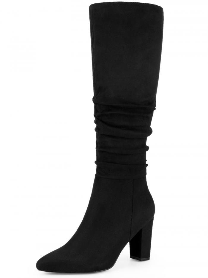 Perphy レディース シワ加工 ポインテッドトゥ チャンキーヒール ニーハイブーツ ブラック 24.5cm
