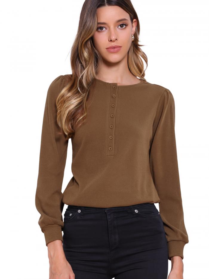 Allegra K レディース 長袖 リブニットシャツ カジュアル クルーネック ボタンダウン トップス トレンドTシャツ コーヒー XS(4)