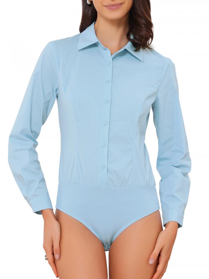 Allegra K レディース用 ボタンダウンシャツボディスーツ 長袖レオタードシャツ ビジネス ワークカラーボディスーツ トップス ワイシャ..