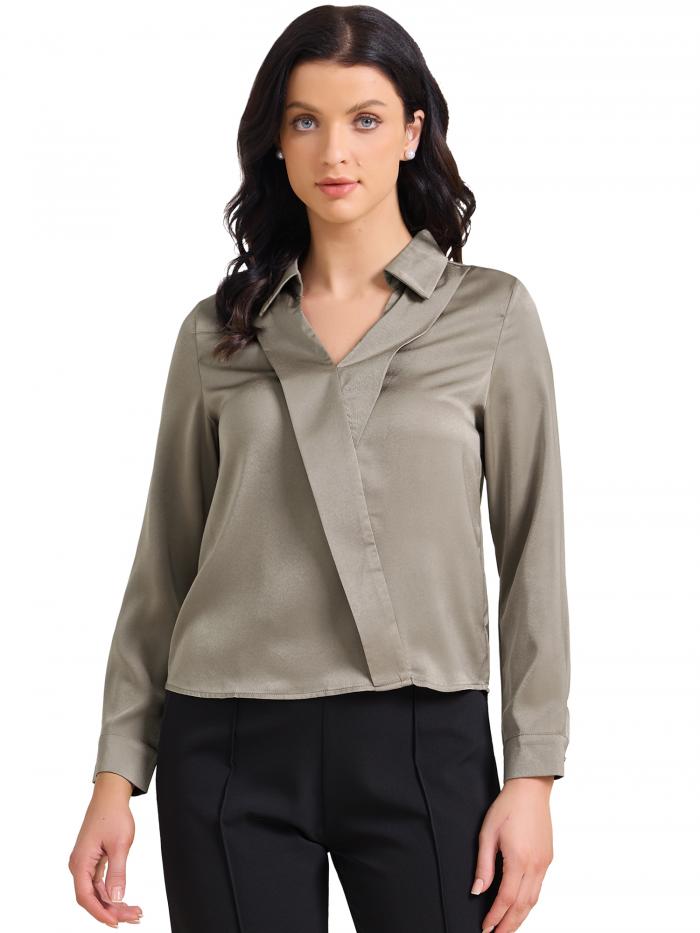 Allegra K レディース サテン ワークブラウス カラー Vネック 長袖 オフィス ドレッシー シャツ トップス グレー L