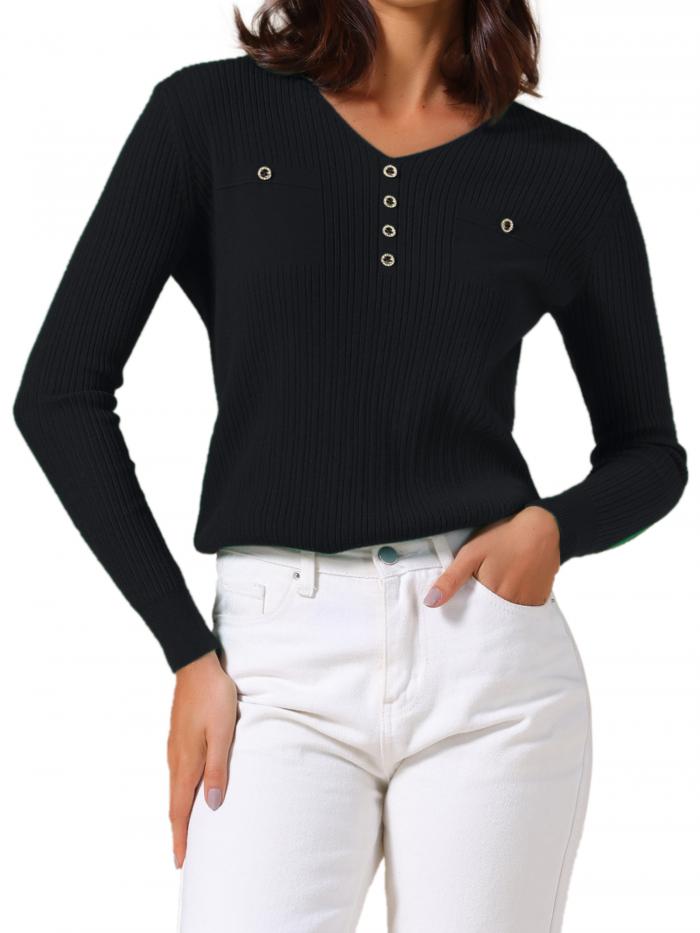 Allegra K レディース 2025年秋冬 ブラウス 長袖 Vネック エレガント リブニット トップス セーター ブラック L