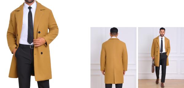 Lars Amadeus 冬用キルティングオーバーコート メンズ ダブルブレストコート 無地 ビジネス ロングトレンチコート カーキ S