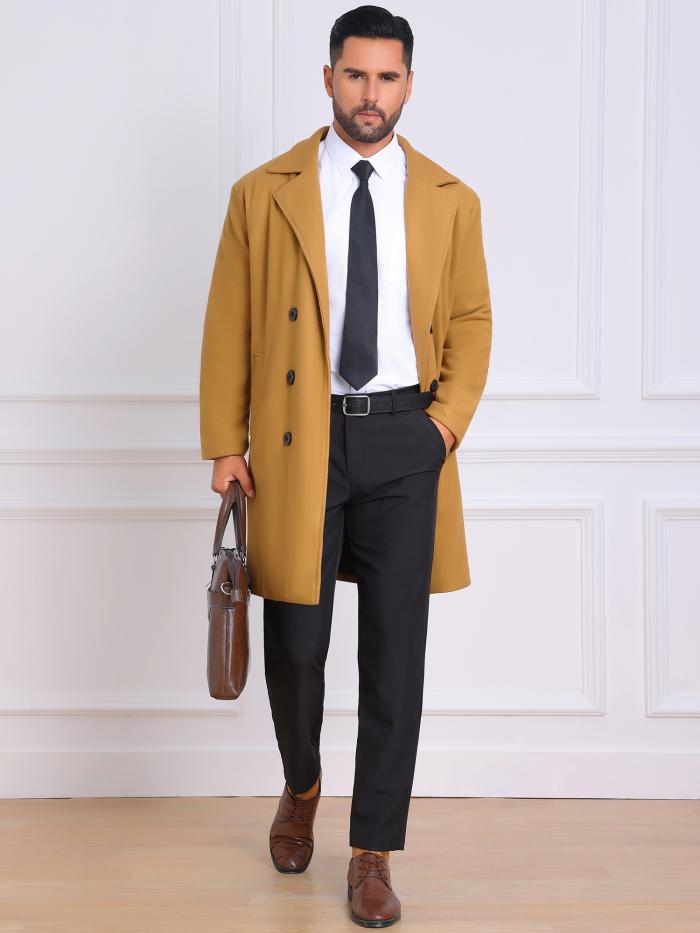 Lars Amadeus 冬用キルティングオーバーコート メンズ ダブルブレストコート 無地 ビジネス ロングトレンチコート カーキ S