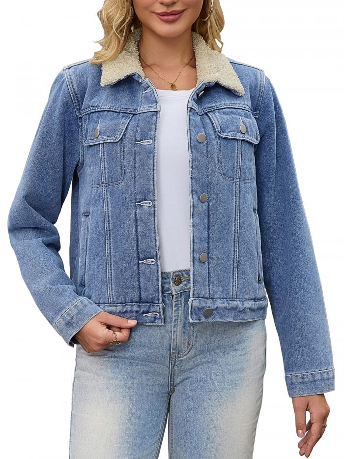 CIMUK レディース デニムジャケット フェイクファー襟 フリース裏地 冬用 厚手デニム トラッカージャケット ブルー XL(4)