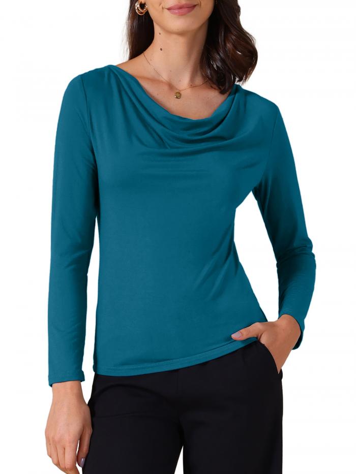 Allegra K レディース カウルネック 長袖 フィット アンダーシャツ トップ ソフトTシャツ ピーコックブルー S