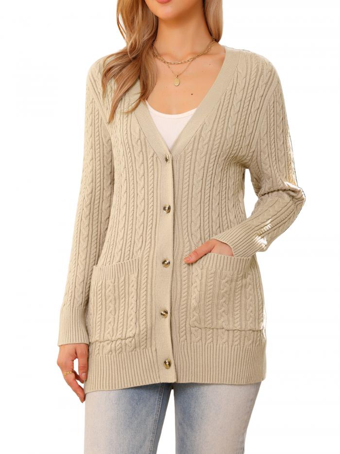 Allegra K レディース ツイストニット 秋冬 ロング丈 トレンド カーディガン カジュアル セーター カー..