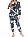 cheibear レディース パジャマセット フランネルプリント 長袖 トップス&パンツ 保温 クリスマス 2ピース スリープウェア ネイビースノー M