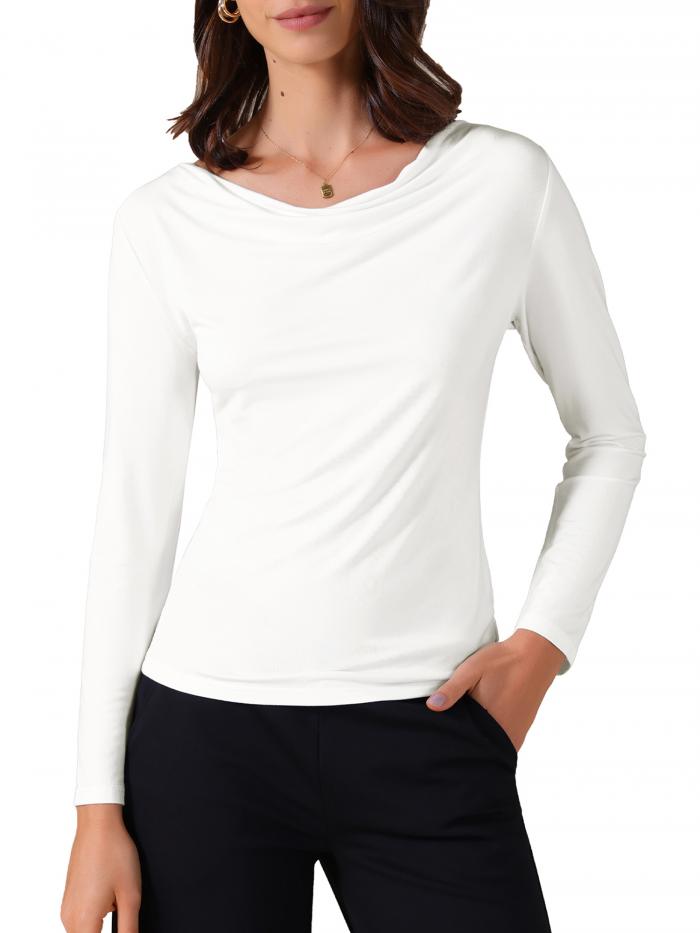 Allegra K レディース カウルネック 長袖 フィット アンダーシャツ トップ ソフトTシャツ ホワイト M