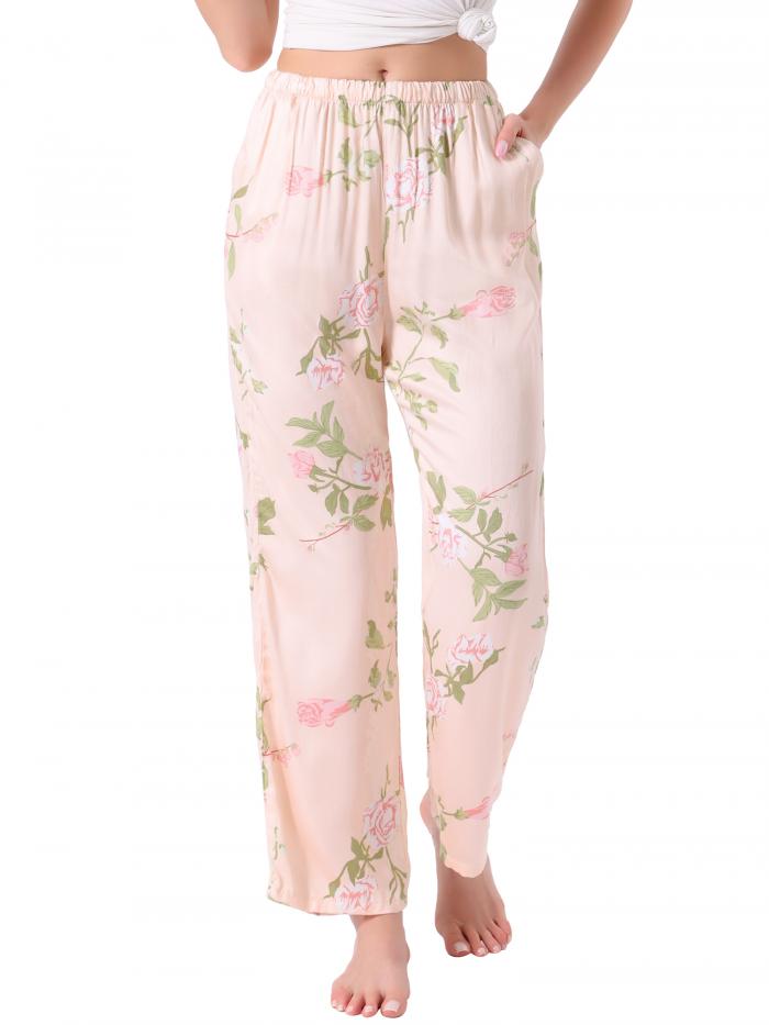 cheibear レディース ラウンジパンツ 花柄 ドット柄 ワイドレッグパンツ 伸縮性ウエスト ポケット付き スリープナイトウェア パジャマ ベージュ L