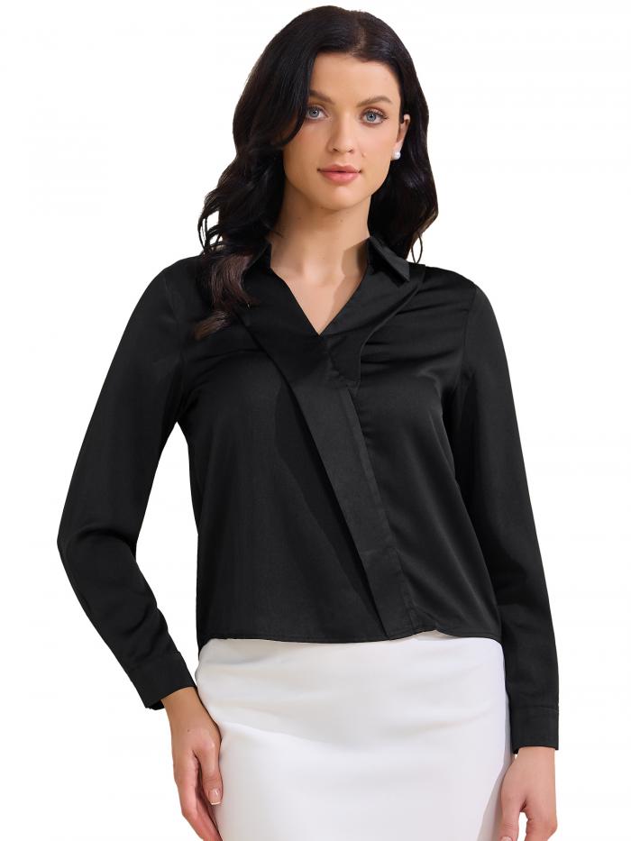 Allegra K レディース サテン ワークブラウス カラー Vネック 長袖 オフィス ドレッシー シャツ トップス ブラック S