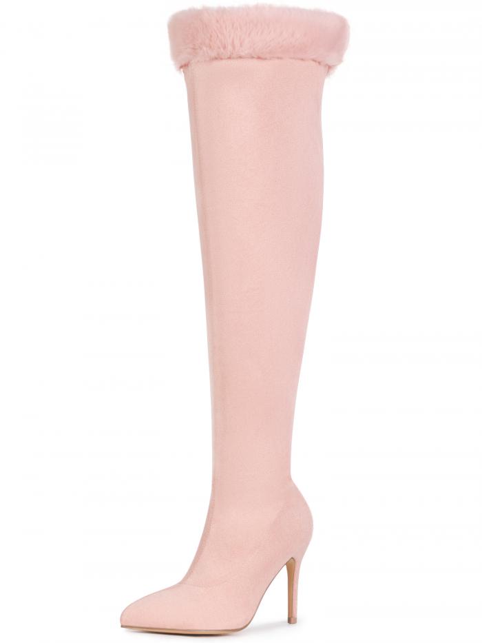Perphy フェイクファーハイヒールブーツ ポインテッドトゥ ふわふわ オーバーニーハイブーツ レディー..