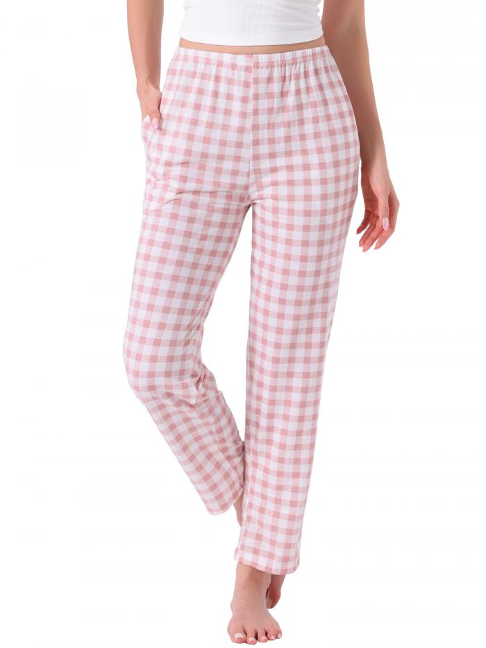 cheibear Womens Plaid Pajama Bottoms Elastic Waist with Pockets Long Sleepwear Lounge Pants Pink..