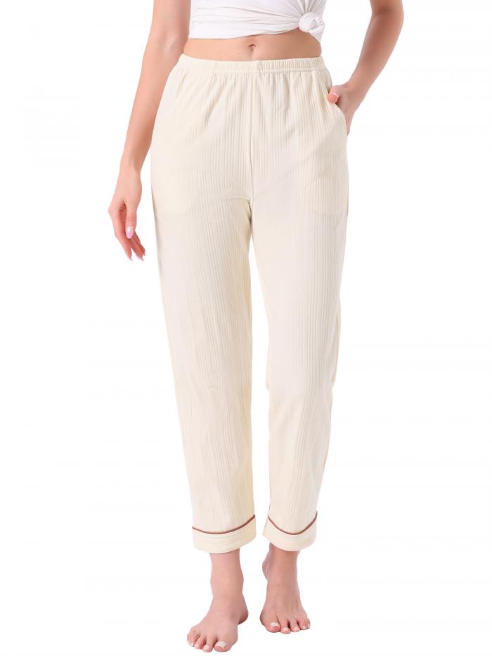cheibear レディース パジャマパンツ コットンニット リブ編み 伸縮性ウエスト ストレートレッグ ポケ..