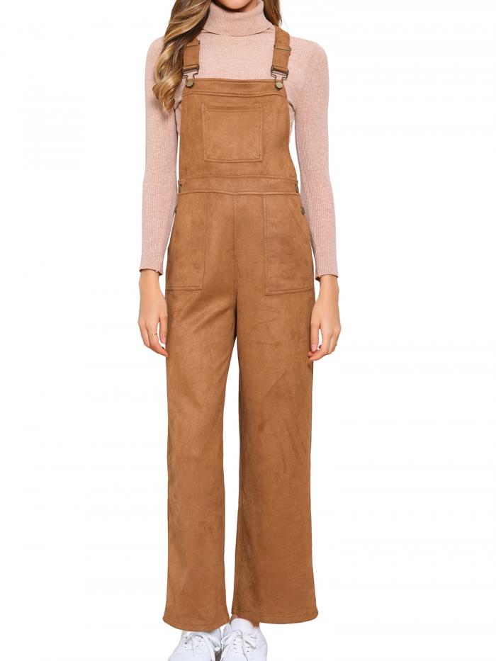 Allegra K レディース フェイクスエード オーバーオール ワイドレッグ ハイウエスト 調節可能なストラップ カジュアル ジャンプスーツ ブラウン L