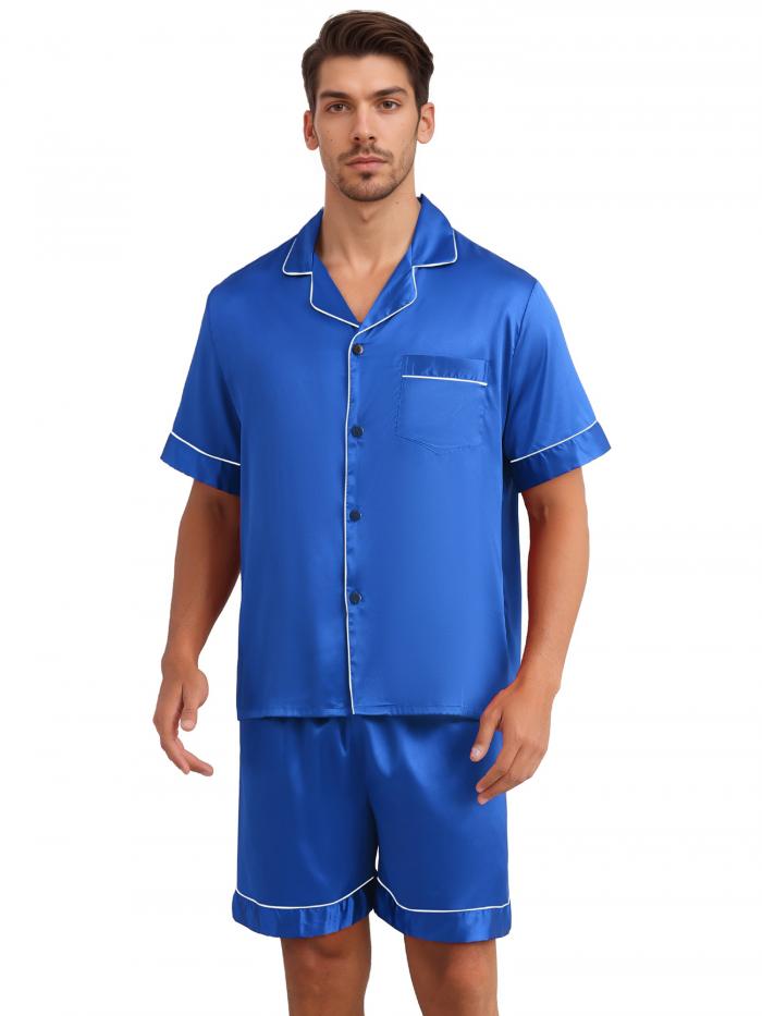 Lars Amadeus メンズ サテン スリープウェア 半袖 ナイトウェア ショーツ 夏用パジャマ 2点セット ブルー 2XL