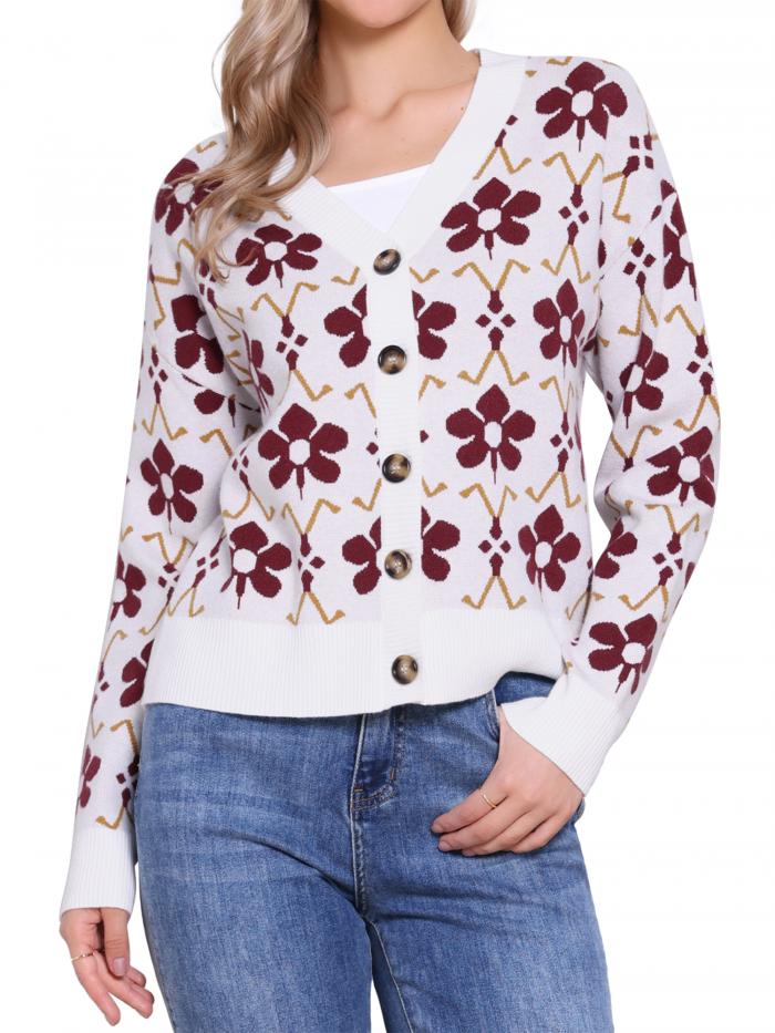 Allegra K レディース オープンフロント カーディガン セーター 花柄 Vネック ボタンダウン 長袖 ニットセーター ホワイト XL(4)