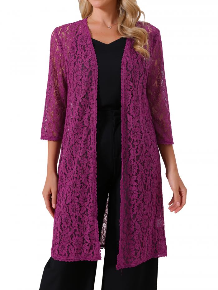 Seta T レディース 7分袖 レースカーディガン エレガント ボレロ シュラッグ ロング丈 ゆったり クロシェ オープンカーディガン デイリ..