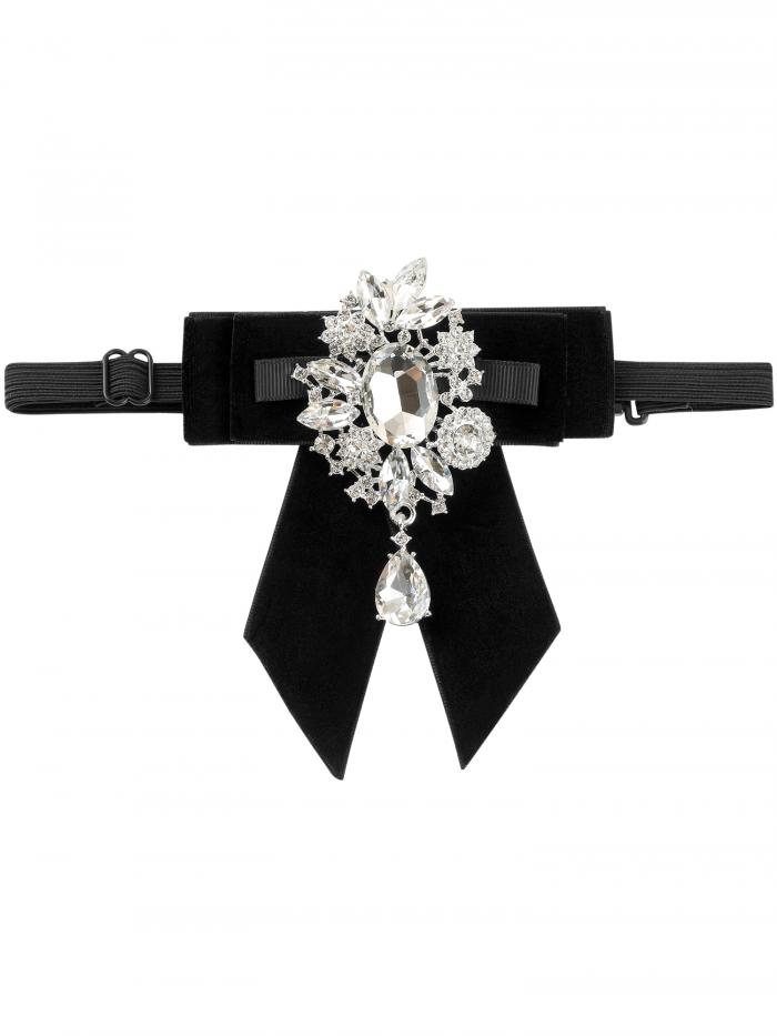 Elerevyo レディース蝶ネクタイ オールマッチ ファッション パフォーマンス 調節可能 ダイヤモンド入りブローチ ネクタイ ユニフォームシャツ用 ブラック One Size