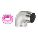 uxcell 304ステンレス鋼90度エルボースレッドパイプ継手G1-1/2"メスからG1-1/2"オス鋳造パイプ継手シールテープ付き配管排水管暖房システム用