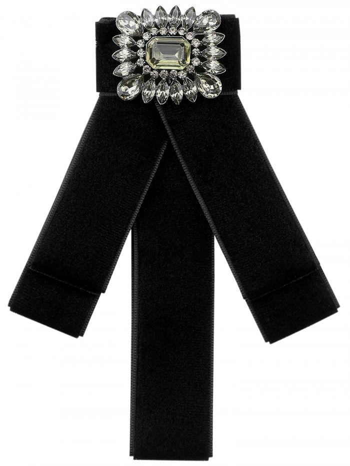Elerevyo ウェディングパーティーに最適な、ラインストーン付きベルベット製リボン結びブローチピン（女性用） ブラック One Size