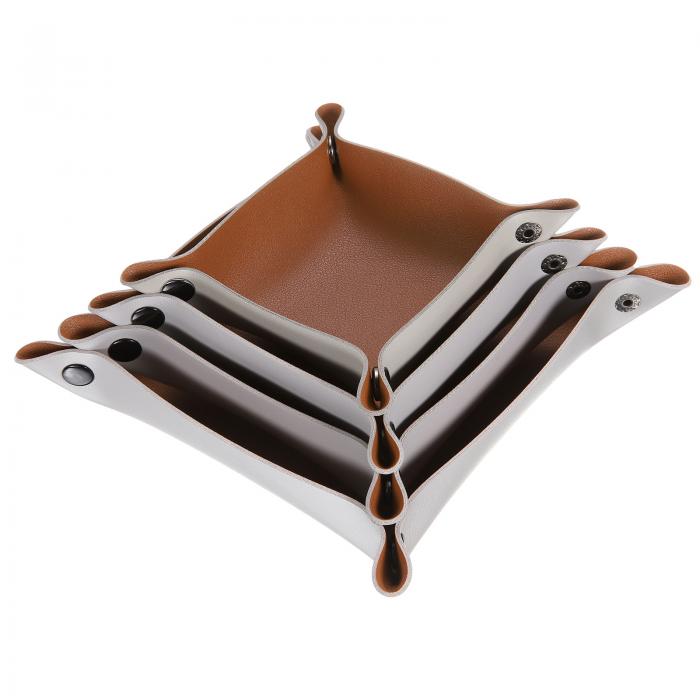 uxcell 4個のPUレザーバレットトレイユニセックス折りたたみ式スモールキャッチオールトレイオーガナイザーポータブルナイトスタンドベッドサイドデスクトレイキーウォレットウォッチコイン宝石ダイス用 茶色シルバー