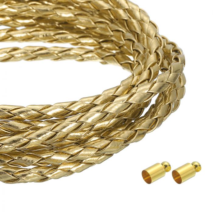 uxcell 4mm 2.19ヤード 編み込みレザーコード ラウンドソフト宝石レザーロープ 宝石 ネクタイ作り ネックレス 金色