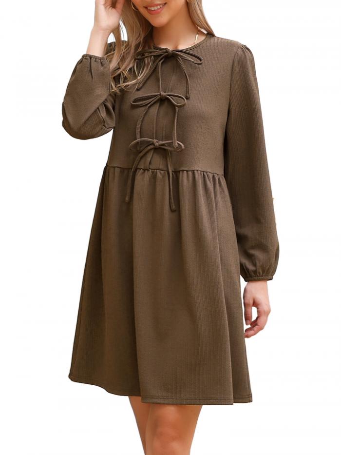 Allegra K 秋冬ドールドレス カジュアル 長袖 セルフタイ リボン キュート チュニックドレス レディース ブラウン M