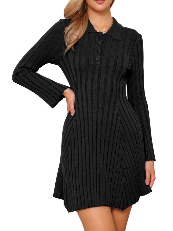 Allegra K レディース プリーツセータードレス ショート丈 長袖 ニット シャツドレス カジュアルワンピース ブラック L