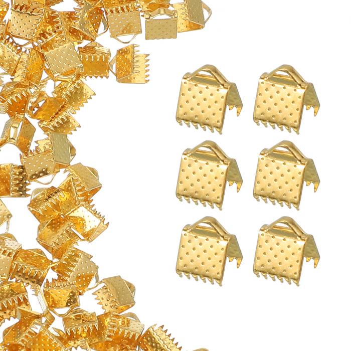 uxcell 200個のリボンエンド、6mmのリボンクリンプクランプエンドブックマークレザーピンチクリンプコードエンド、ネックレスブレスレットDIYクラフト作り用の折りたたみ式クラ スプクリンプエンド、金