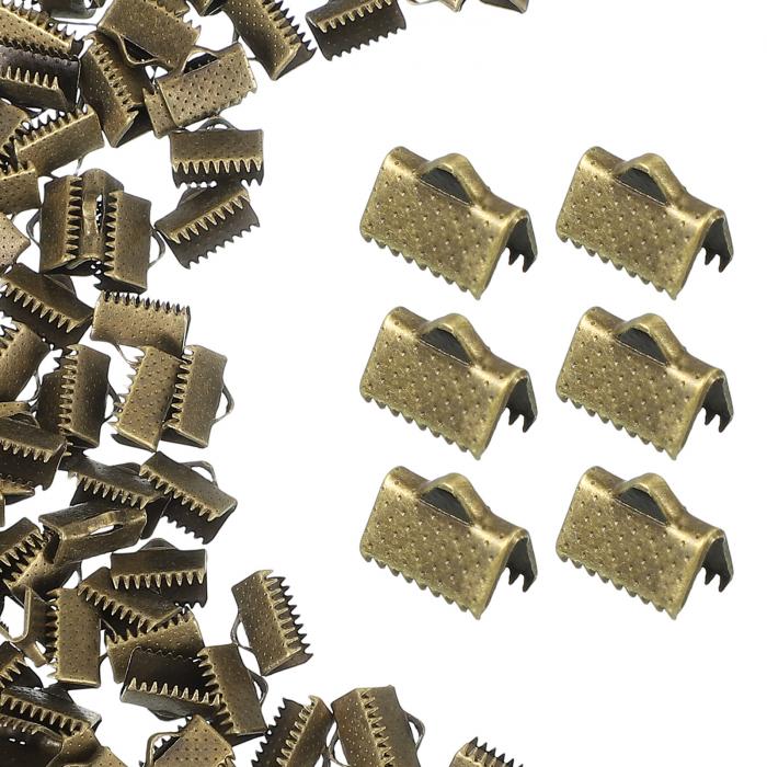 uxcell 200個のリボンエンド、10mmのリボンクリンプクランプエンドブックマークレザーピンチクリンプコードエンド、ネックレスブレスレットDIYクラフトメイキング用の折りたたみ式クラ スプクリンプエンド、ブロンズ